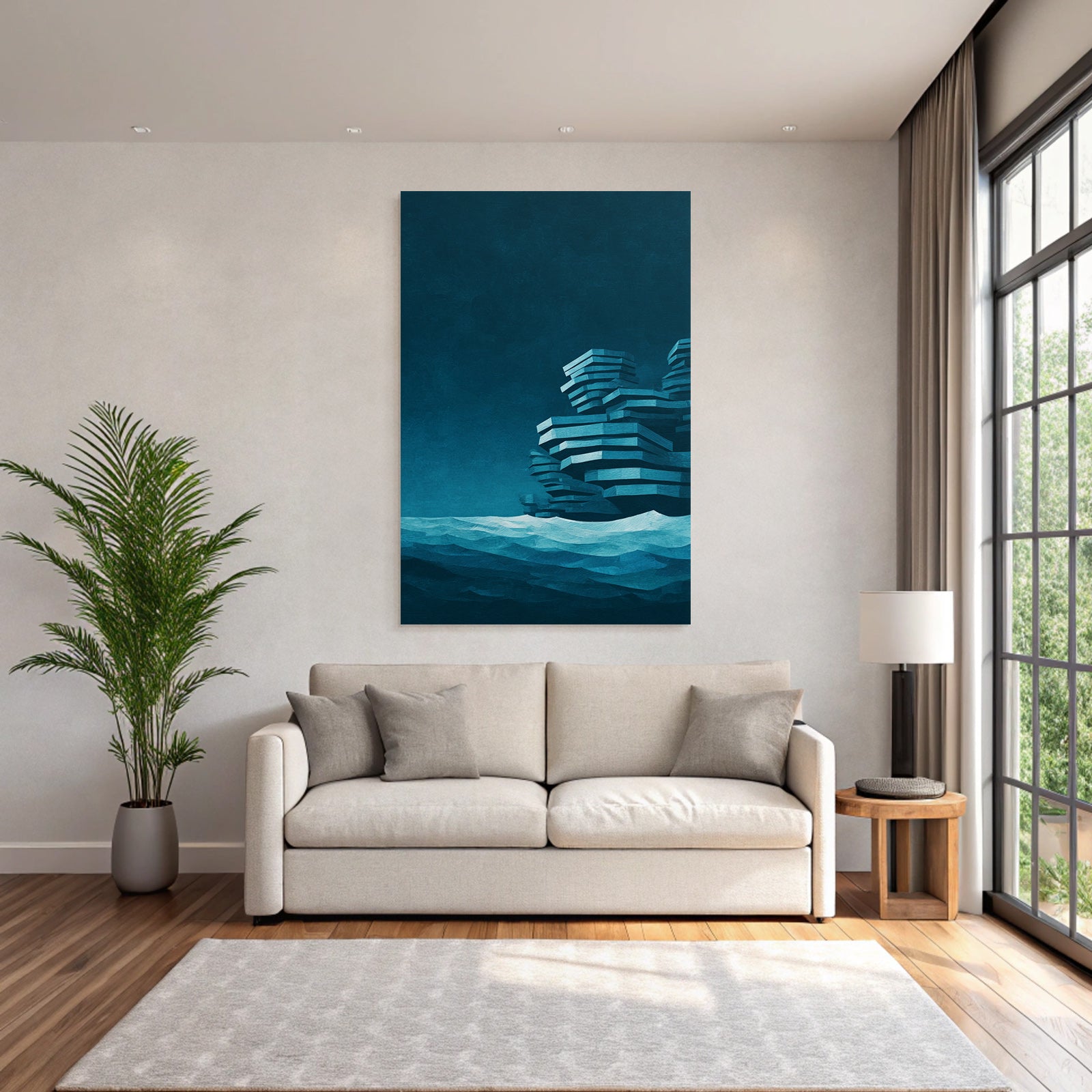 Moderne Seestück Digital Art Abstrakte Geometrien Felsen In Inseln Blau Teal