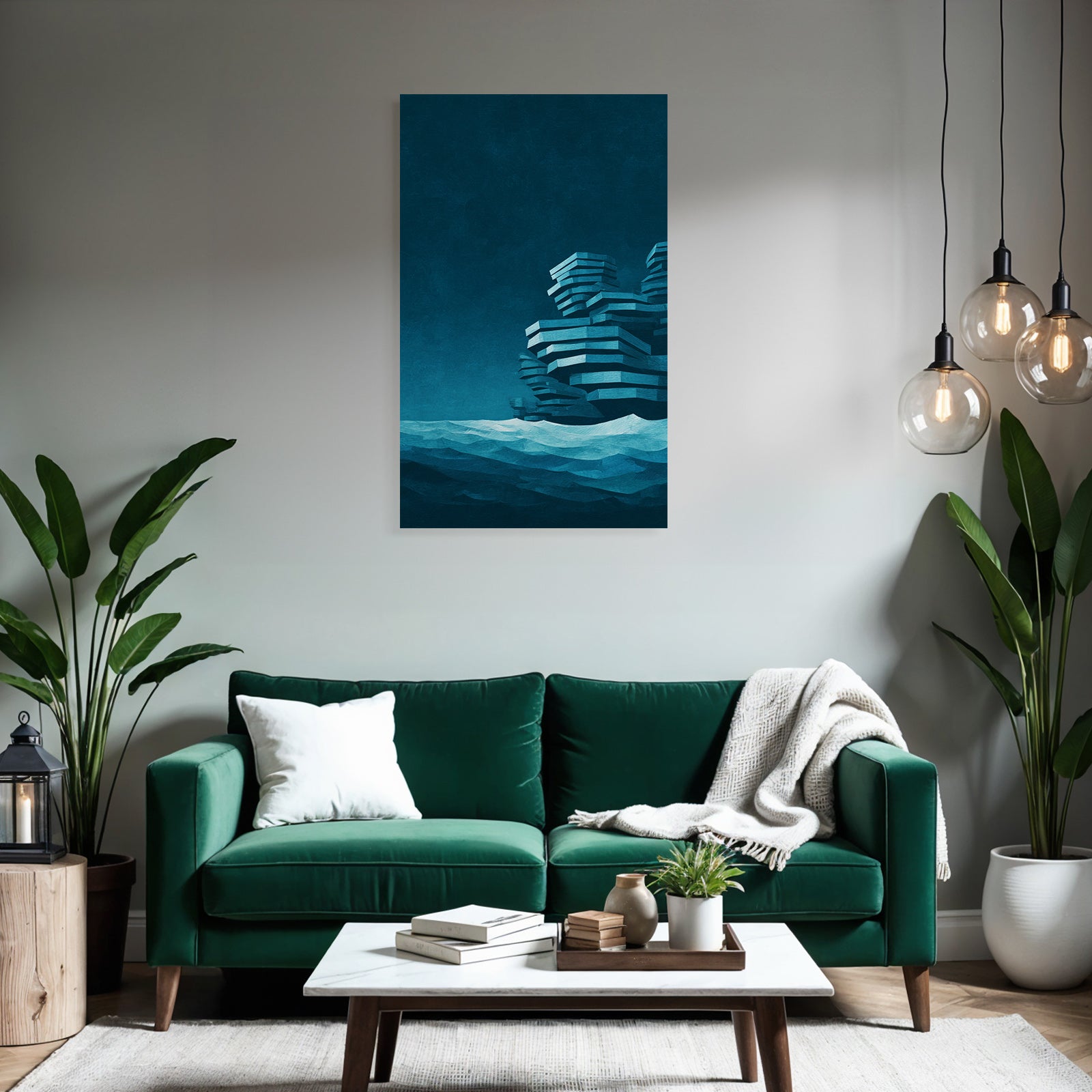 Moderne Seestück Digital Art Abstrakte Geometrien Felsen In Inseln Blau Teal