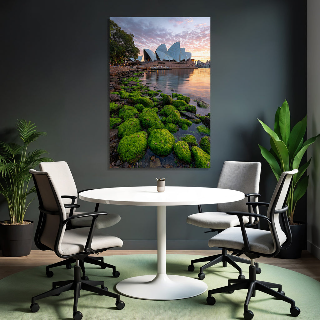 Moderne Szenischer Ausblick Sydney Opera House Mit Felsen Und Moos Im Hintergrund Sonnenuntergang