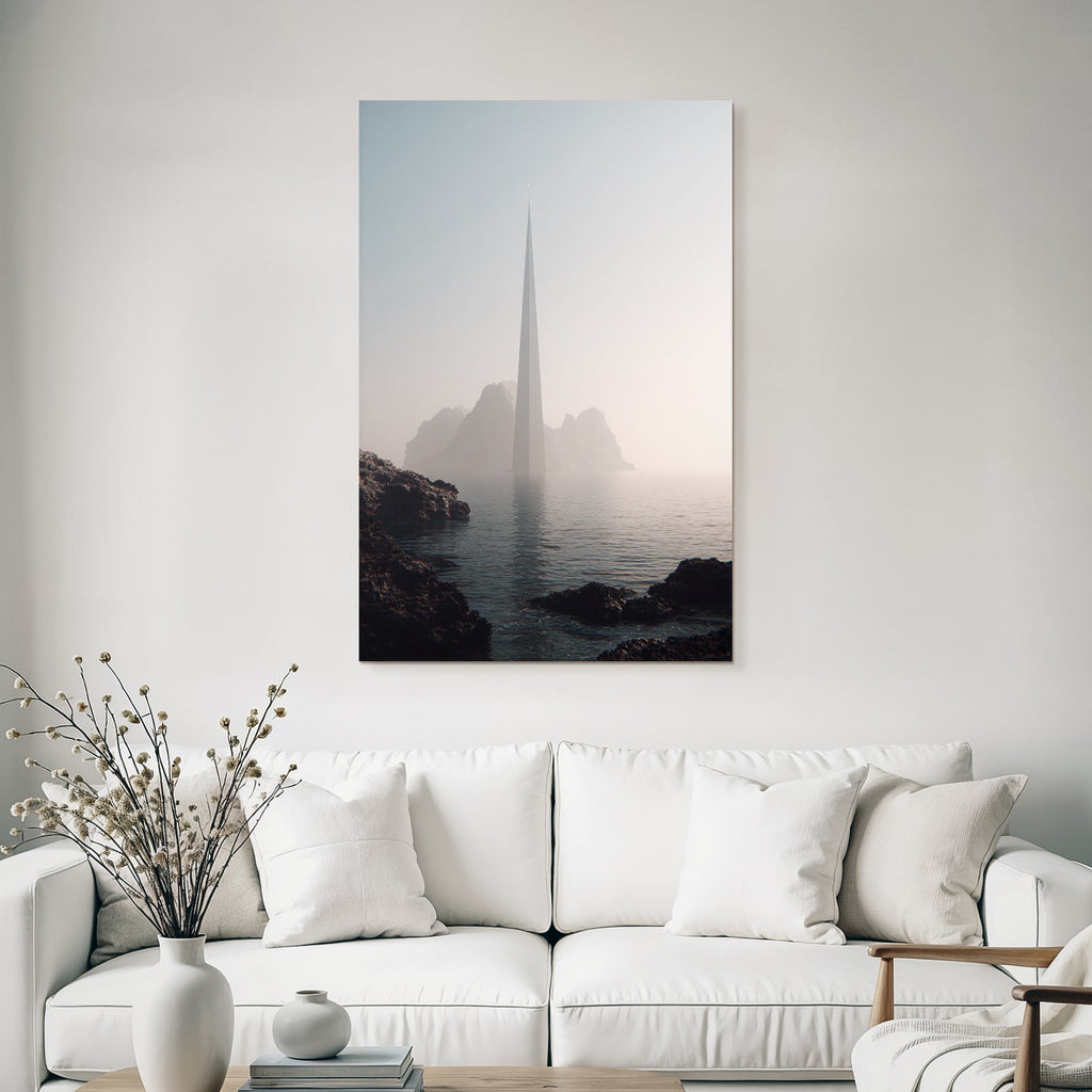 Moderne Traumhafte Landlandschaft Mit Spitze Im Wasser Reflexionen Und Nebel
