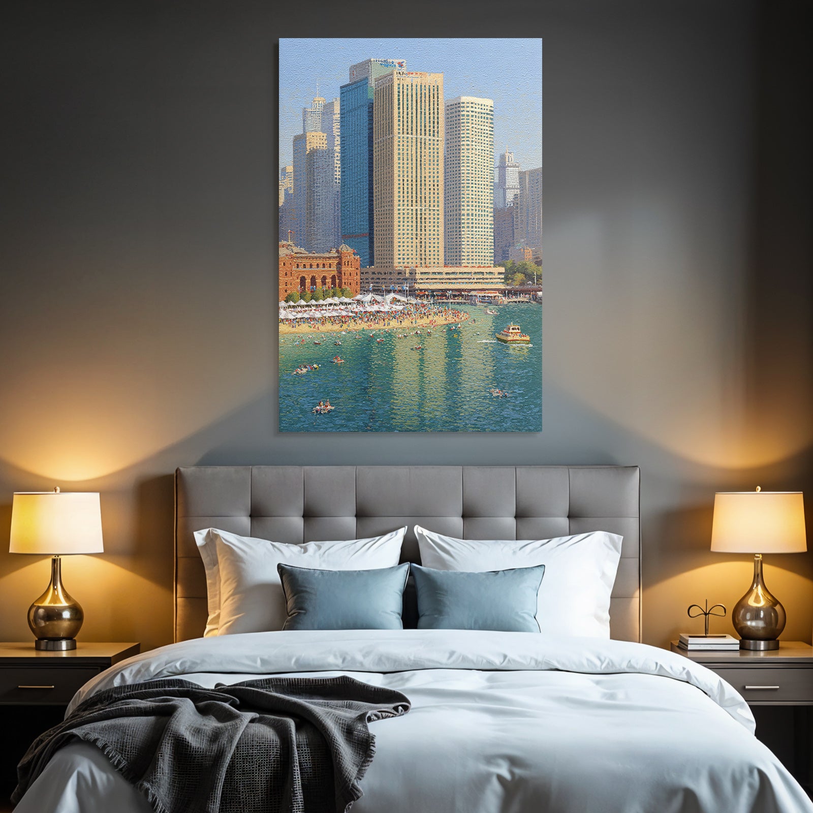Moderne Vibrante Stadtlandschaft Am Wasser Mit Strand Und Menschen