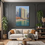 Moderne Vibrante Stadtlandschaft Am Wasser Mit Strand Und Menschen