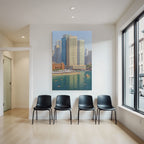 Moderne Vibrante Stadtlandschaft Am Wasser Mit Strand Und Menschen