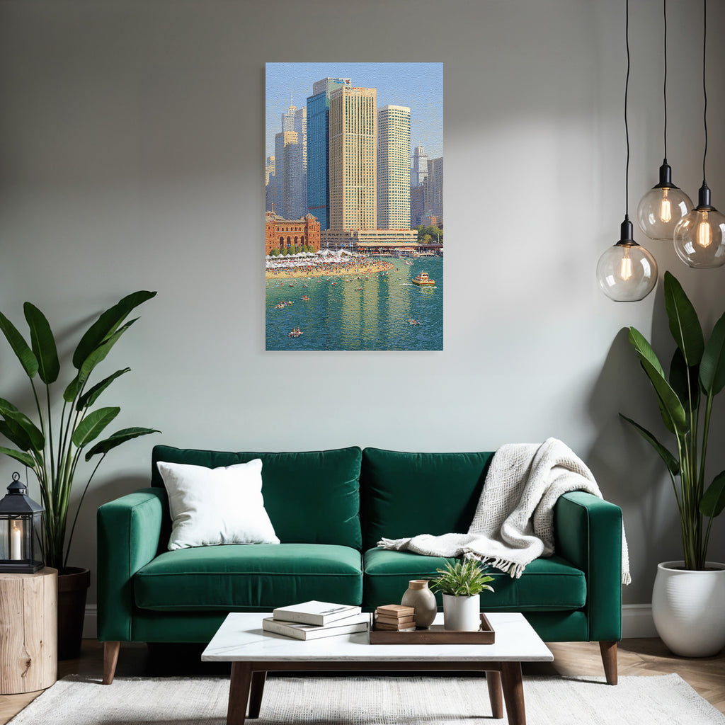 Moderne Vibrante Stadtlandschaft Am Wasser Mit Strand Und Menschen