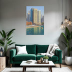 Moderne Vibrante Stadtlandschaft Am Wasser Mit Strand Und Menschen
