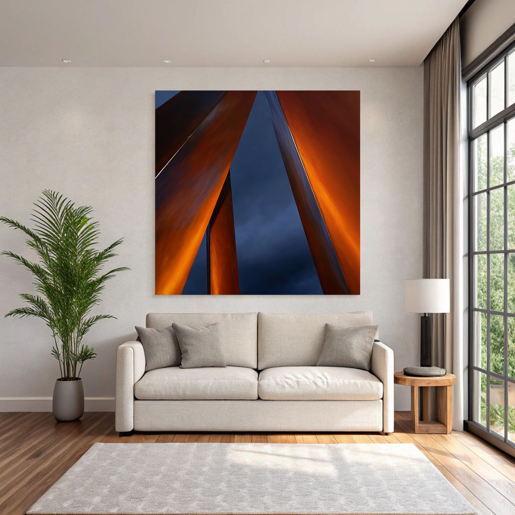 Moderne Abstrakte Skulptur Mit Metallischen Formen Orange Blau Grau