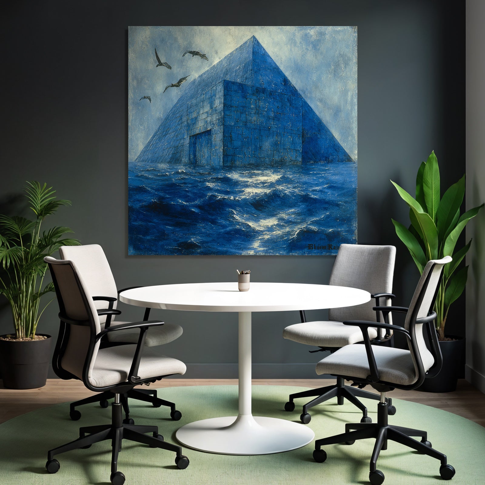 Moderne Blaür Pyramidenstruktur Im Wasser Surrealistische Landscape