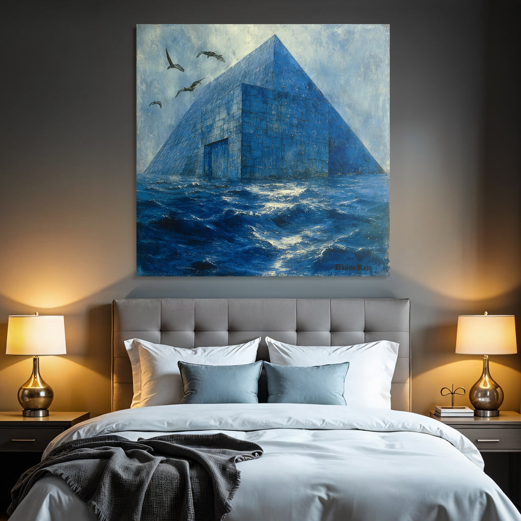 Moderne Blaür Pyramidenstruktur Im Wasser Surrealistische Landscape