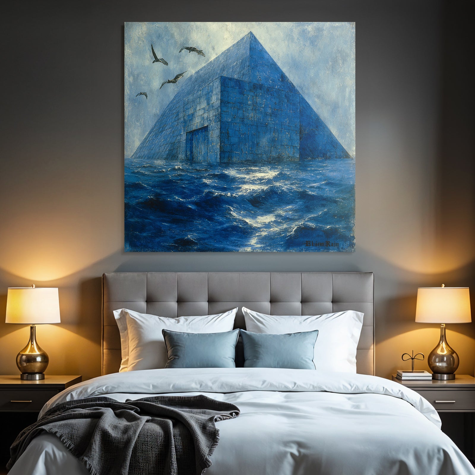 Moderne Blaür Pyramidenstruktur Im Wasser Surrealistische Landscape
