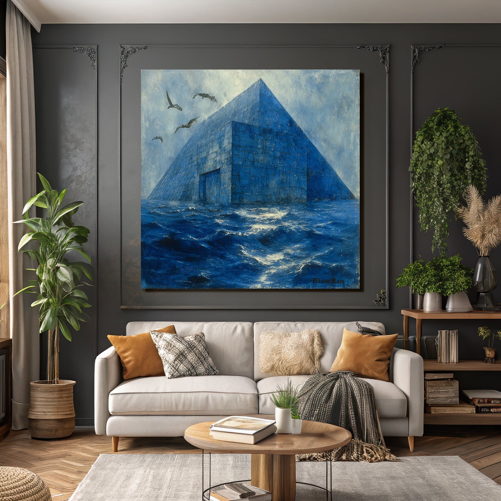 Moderne Blaür Pyramidenstruktur Im Wasser Surrealistische Landscape