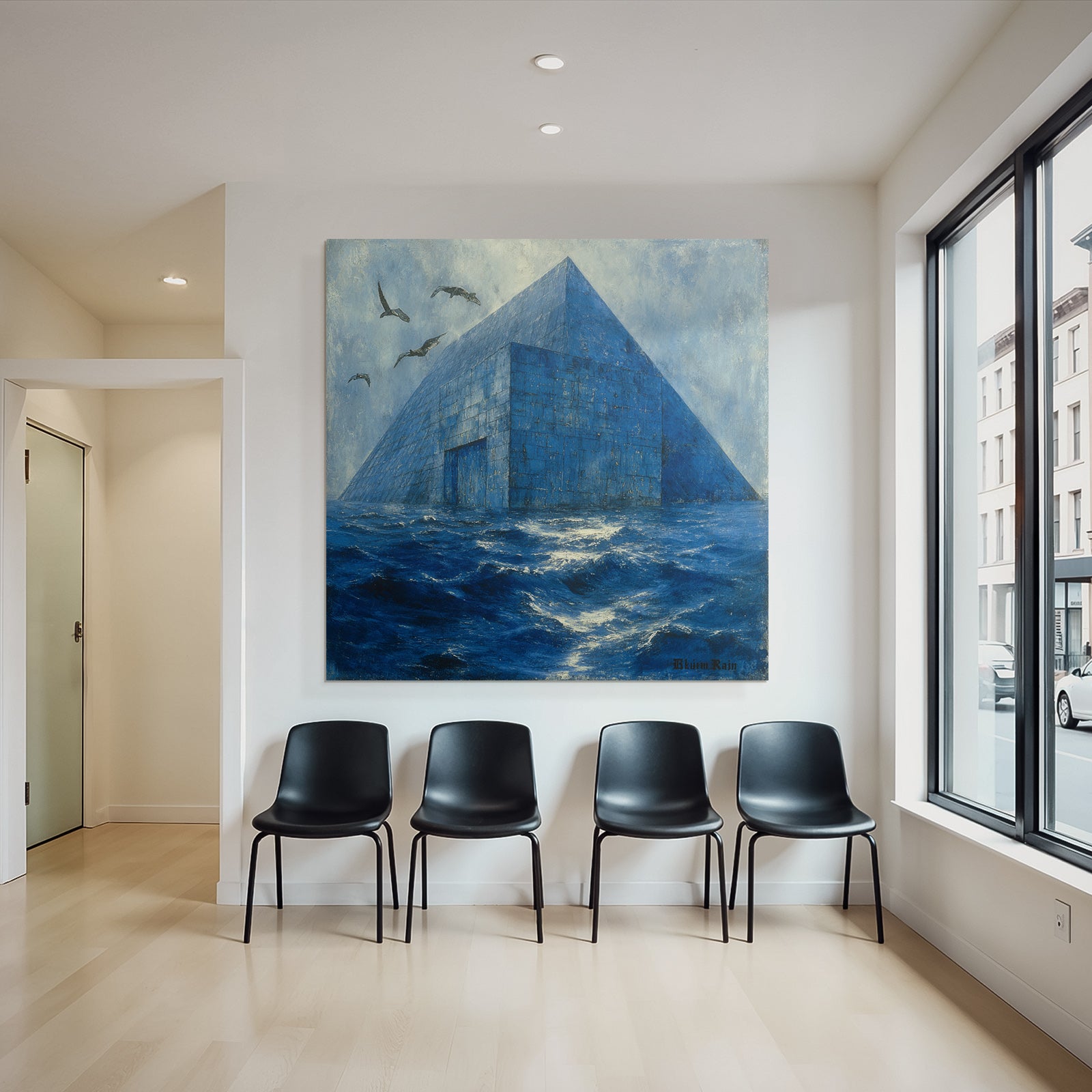 Moderne Blaür Pyramidenstruktur Im Wasser Surrealistische Landscape