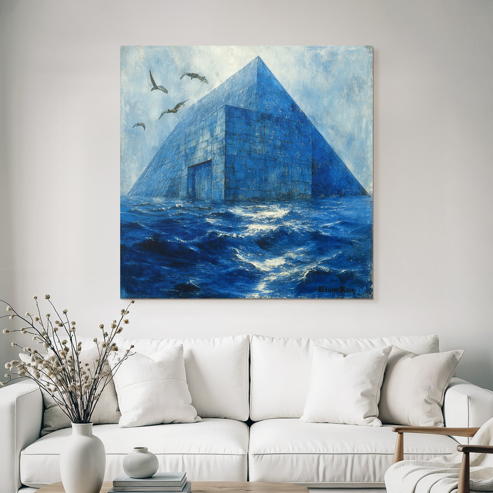 Moderne Blaür Pyramidenstruktur Im Wasser Surrealistische Landscape
