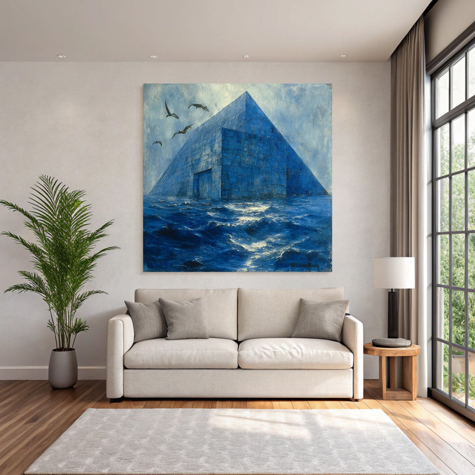 Moderne Blaür Pyramidenstruktur Im Wasser Surrealistische Landscape