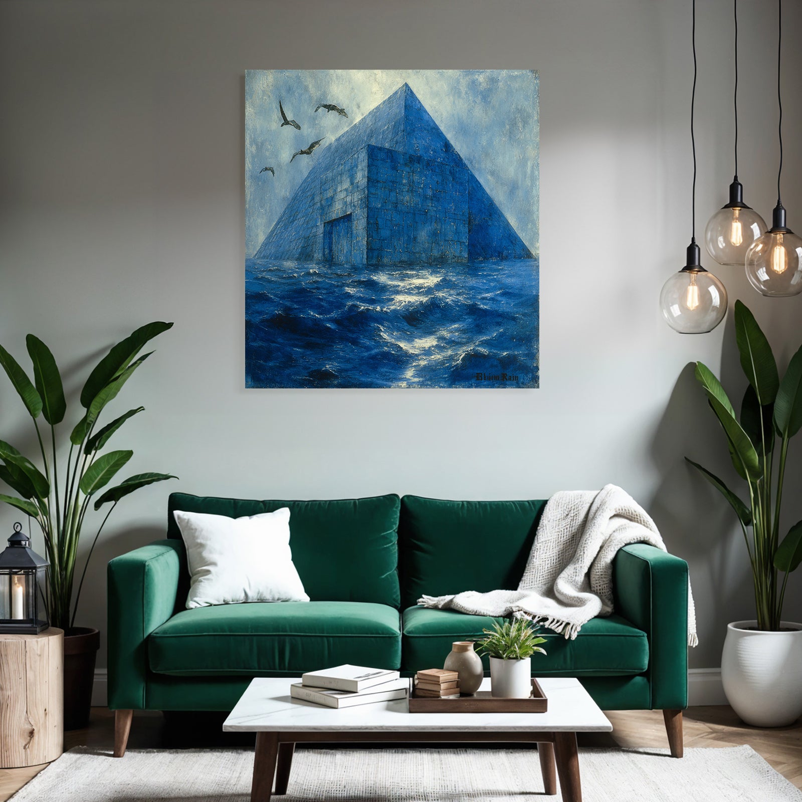 Moderne Blaür Pyramidenstruktur Im Wasser Surrealistische Landscape