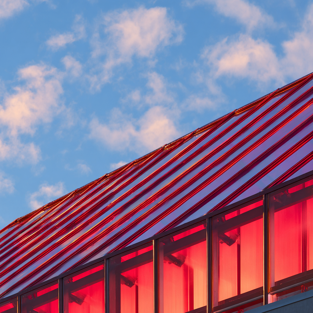 Moderne Dach Design Rot Metallisch Reflexion Himmel Mit Wolken | Moderne Architektur | Architektur