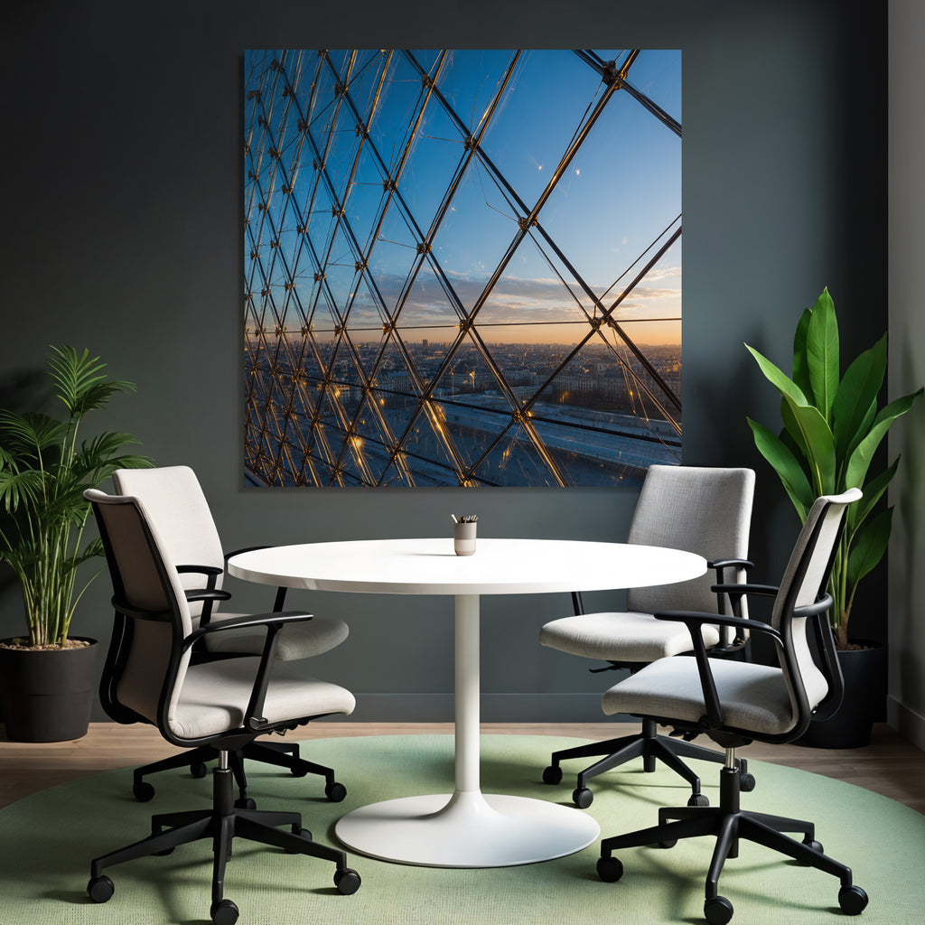 Moderne Geometrische Glaskonstruktion Im Sonnenuntergang Mit Stadtansicht