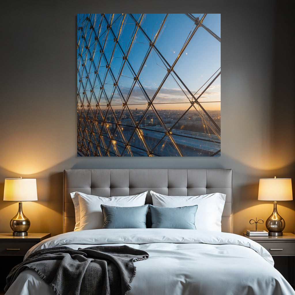 Moderne Geometrische Glaskonstruktion Im Sonnenuntergang Mit Stadtansicht