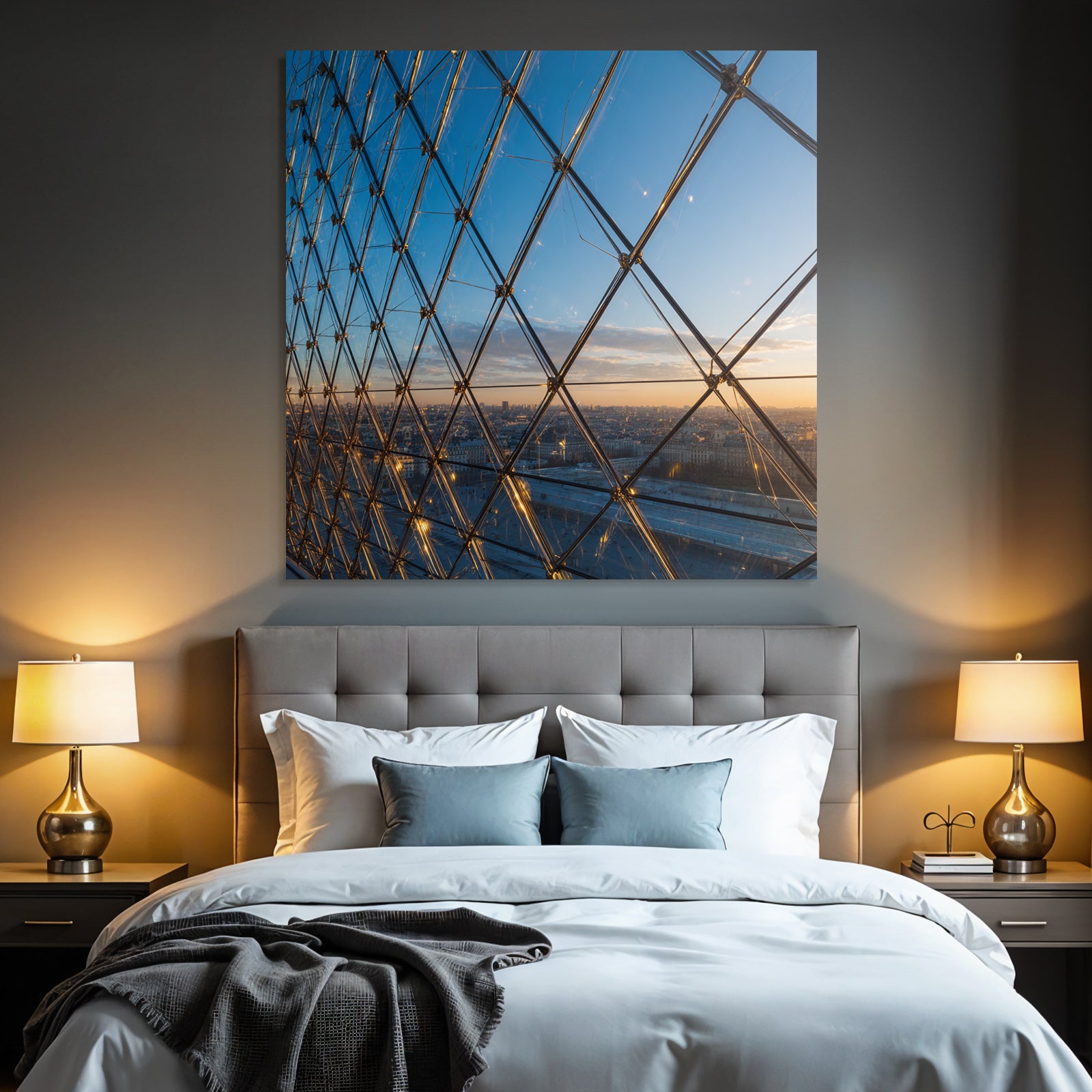 Moderne Geometrische Glaskonstruktion Im Sonnenuntergang Mit Stadtansicht