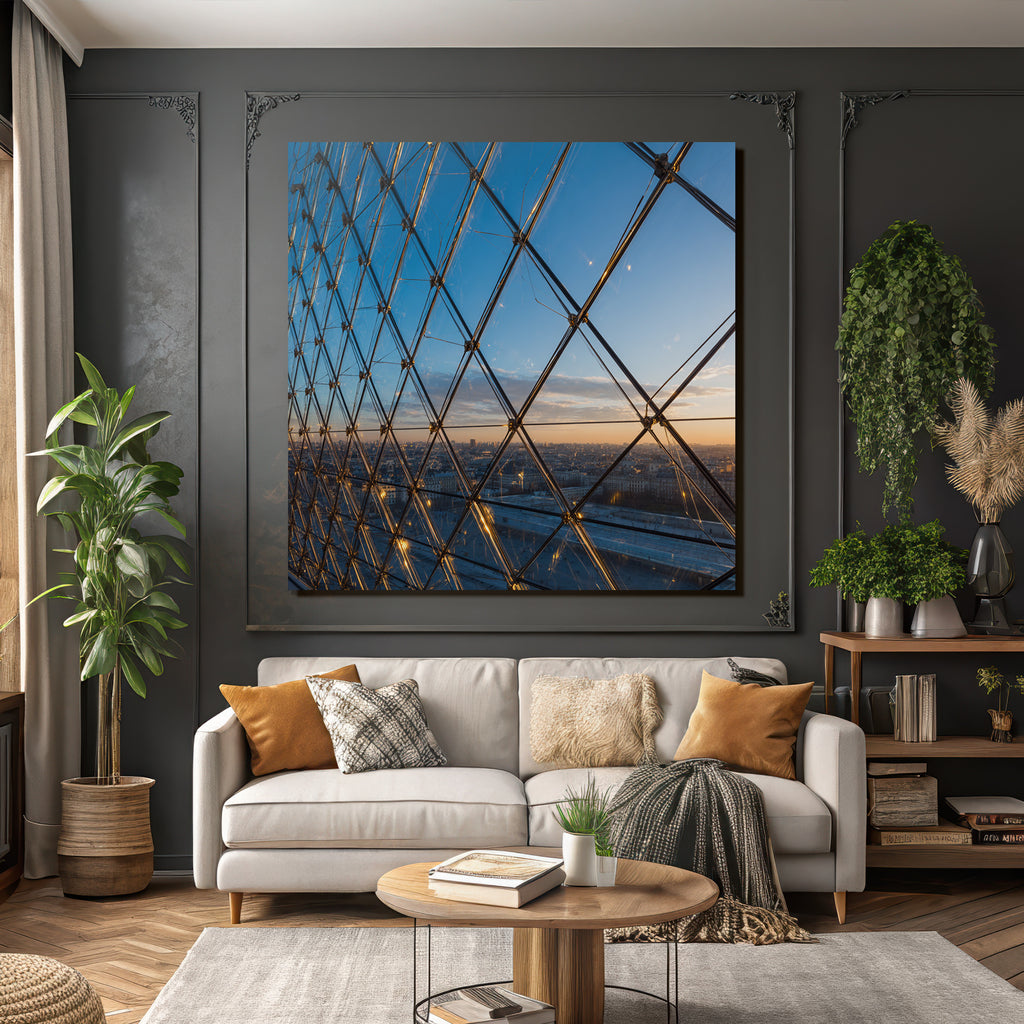 Moderne Geometrische Glaskonstruktion Im Sonnenuntergang Mit Stadtansicht