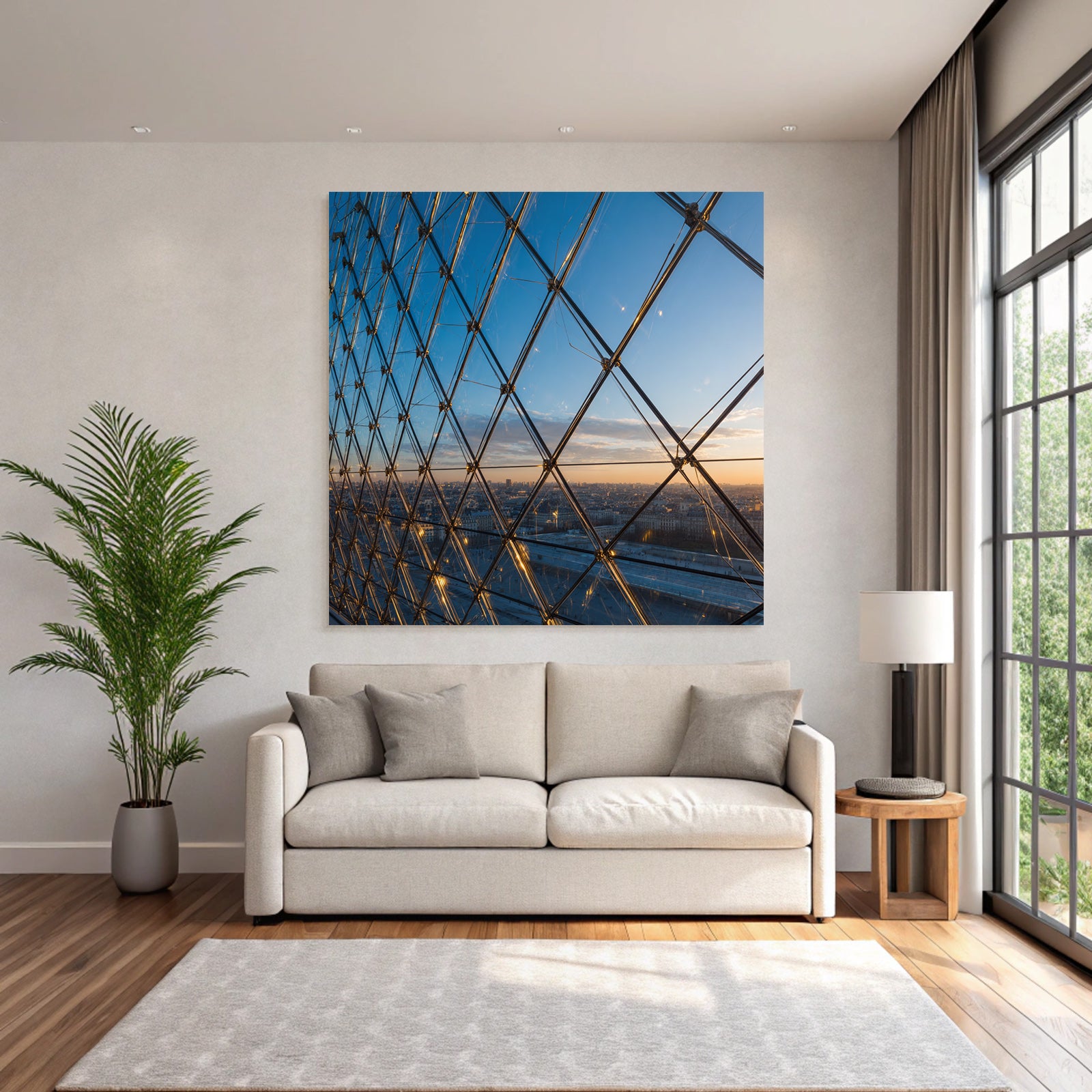 Moderne Geometrische Glaskonstruktion Im Sonnenuntergang Mit Stadtansicht