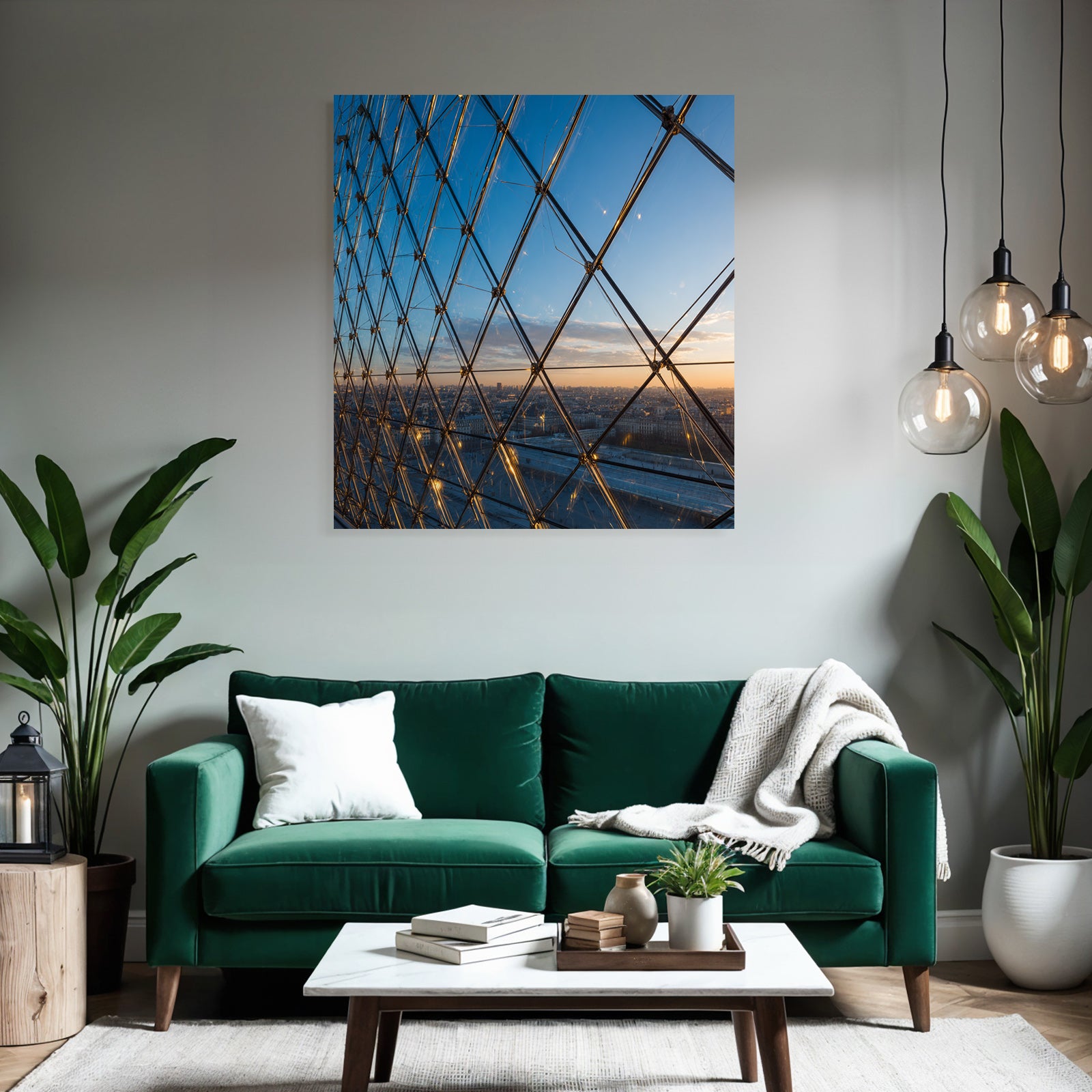 Moderne Geometrische Glaskonstruktion Im Sonnenuntergang Mit Stadtansicht