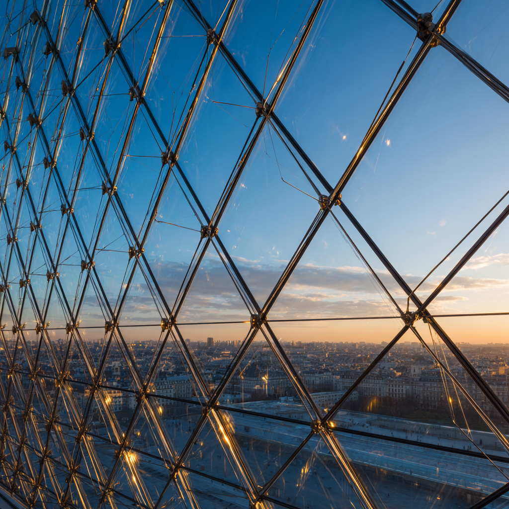 Moderne Geometrische Glaskonstruktion Im Sonnenuntergang Mit Stadtansicht | Moderne Architektur | Architektur