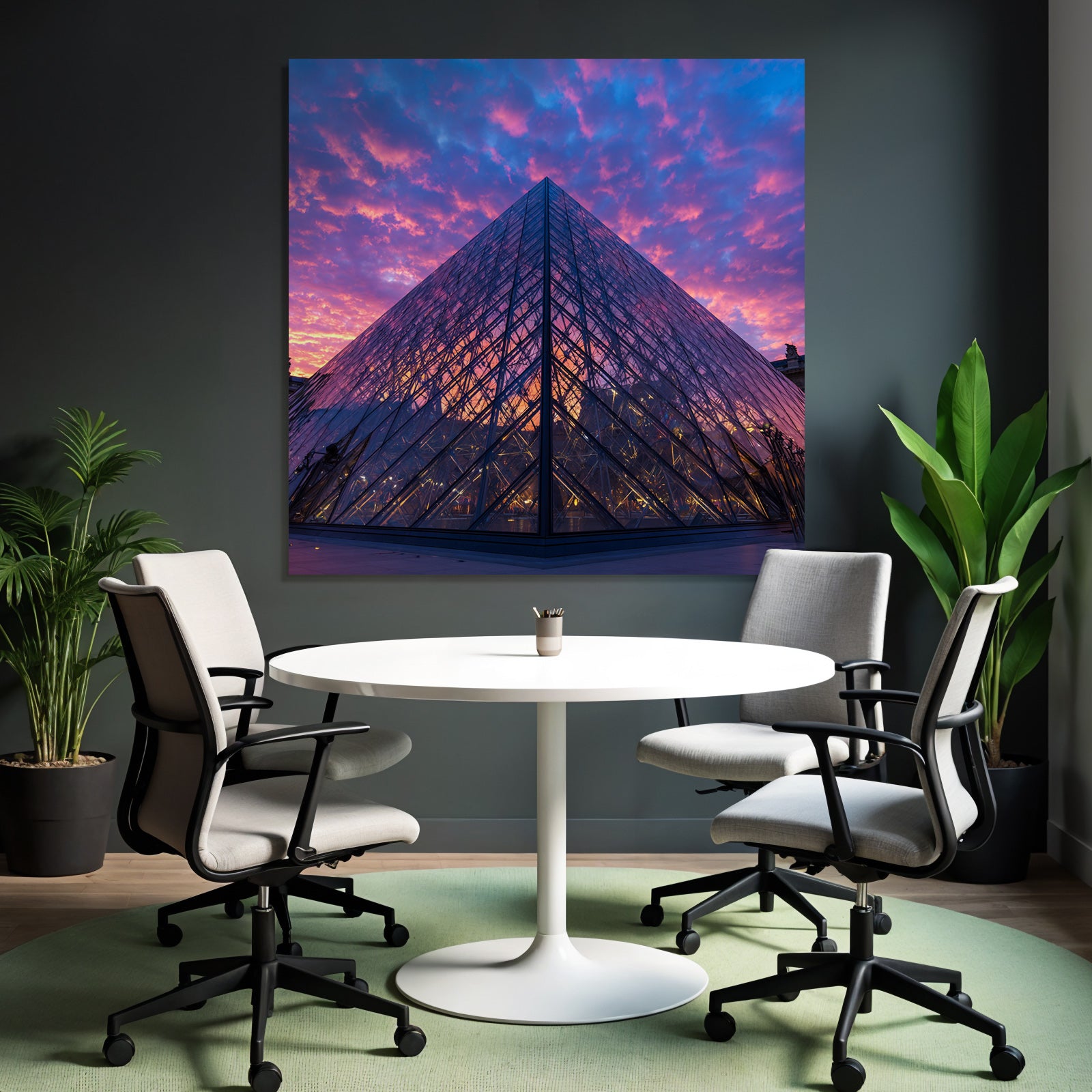 Moderne Glas Pyramide Historisches Gebäude Bunter Sonnenuntergang