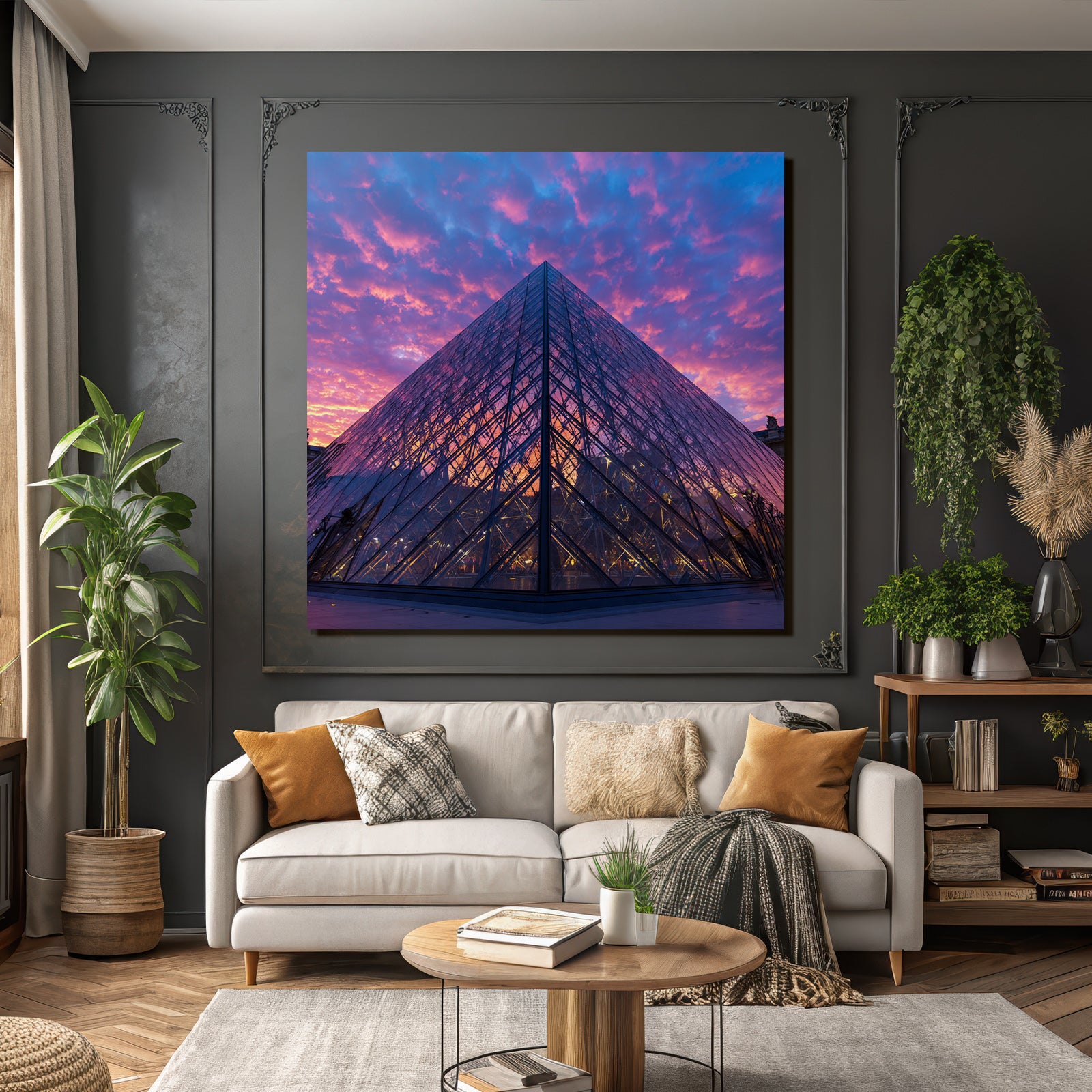 Moderne Glas Pyramide Historisches Gebäude Bunter Sonnenuntergang