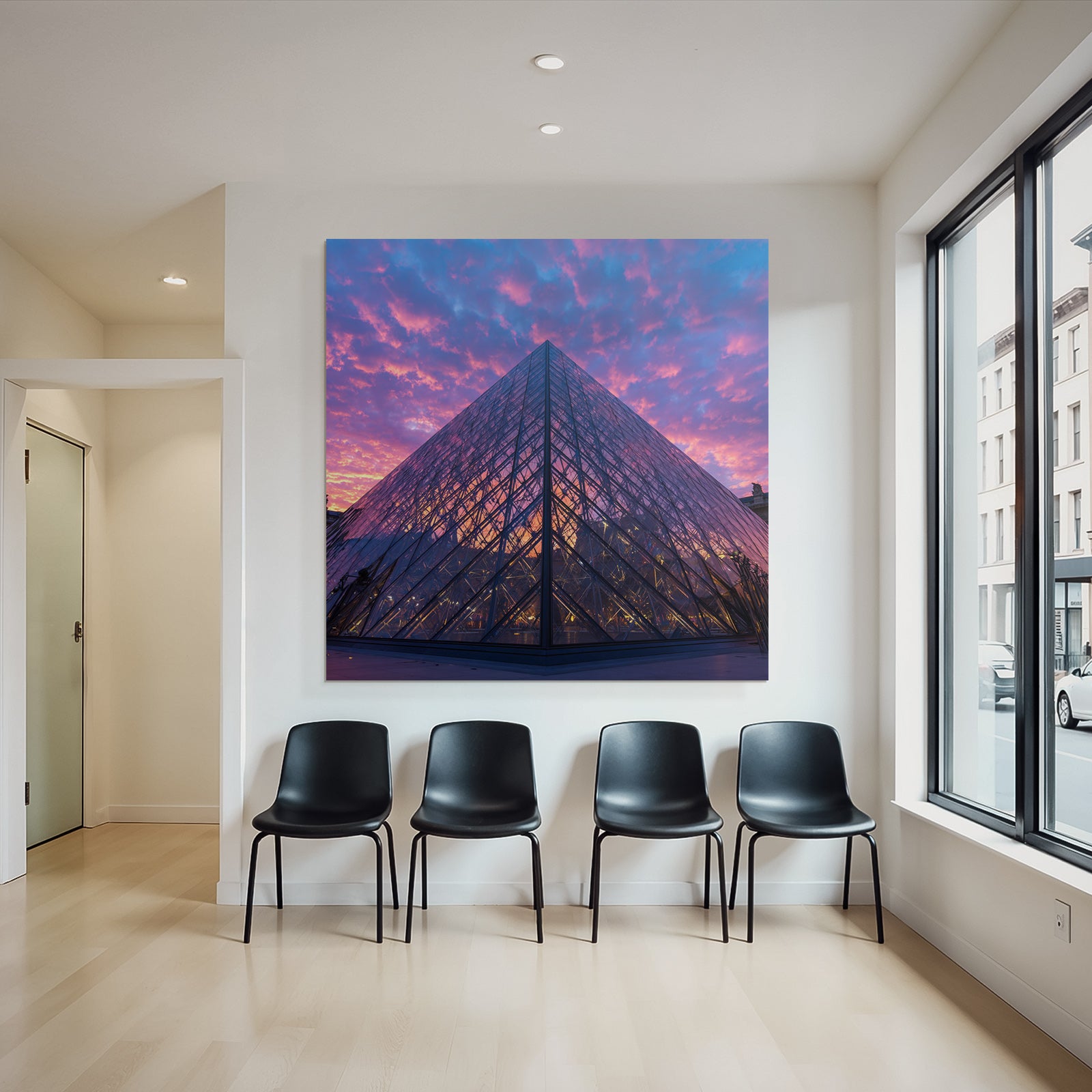 Moderne Glas Pyramide Historisches Gebäude Bunter Sonnenuntergang