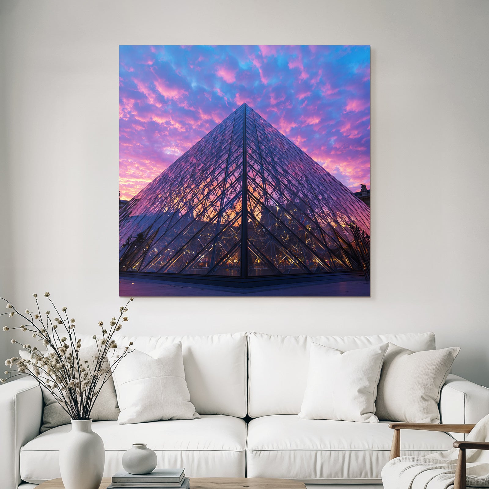 Moderne Glas Pyramide Historisches Gebäude Bunter Sonnenuntergang