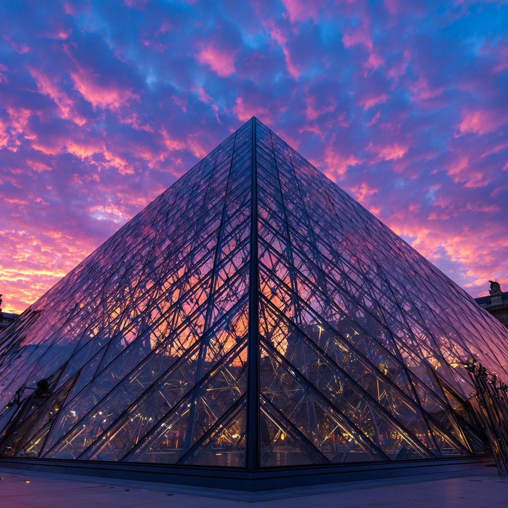 Moderne Glas Pyramide Historisches Gebäude Bunter Sonnenuntergang | Moderne Architektur | Architektur