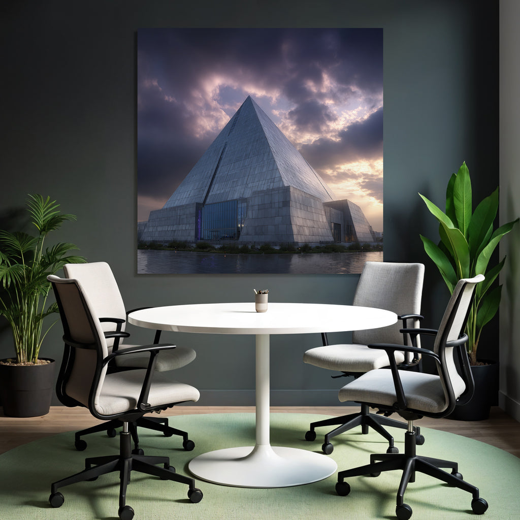 Moderne Grosses Modernes Pyramidengebäude Mit Glas Und Beton Vor Dramatischem Himmel