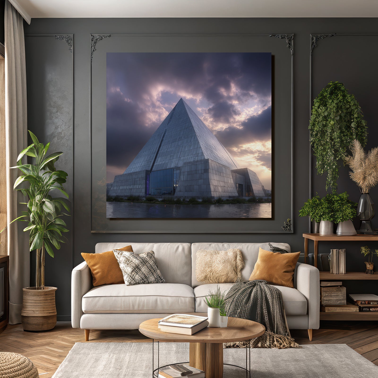 Moderne Grosses Modernes Pyramidengebäude Mit Glas Und Beton Vor Dramatischem Himmel