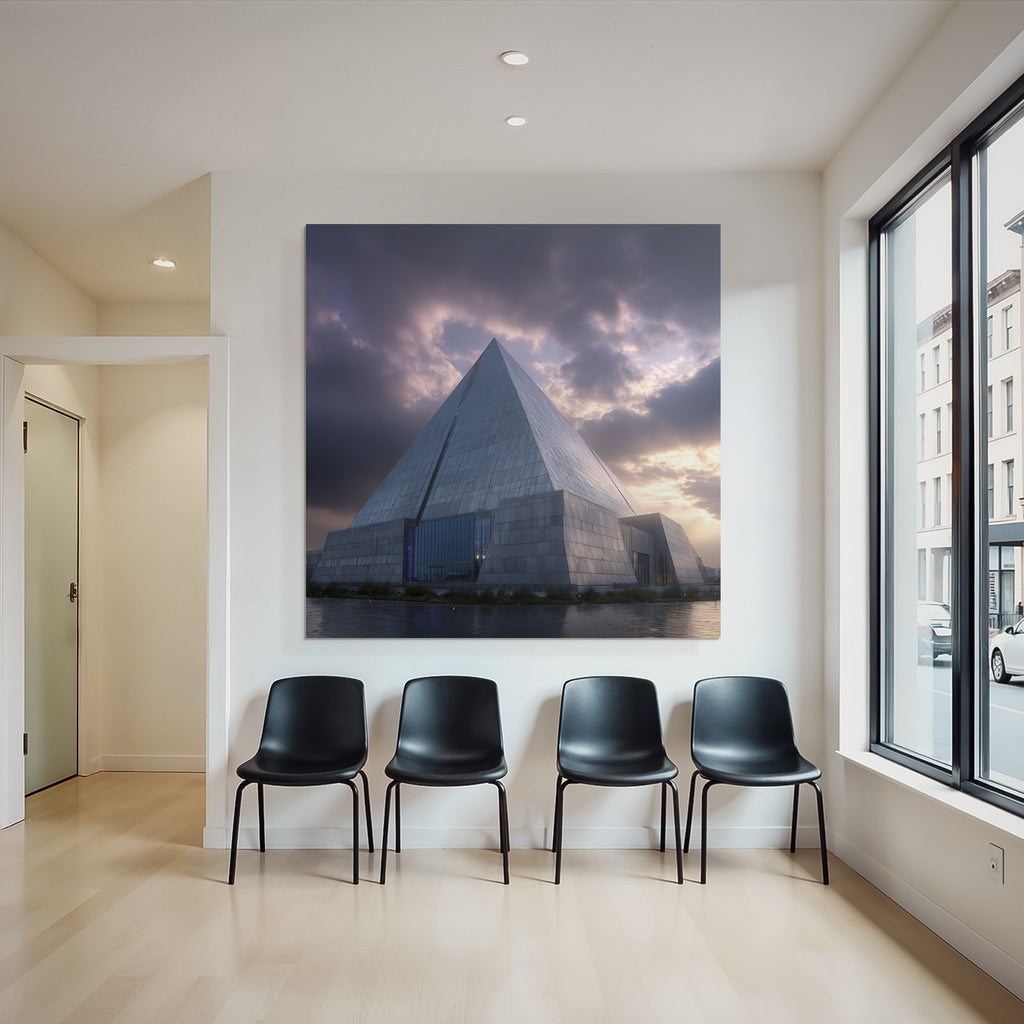 Moderne Grosses Modernes Pyramidengebäude Mit Glas Und Beton Vor Dramatischem Himmel