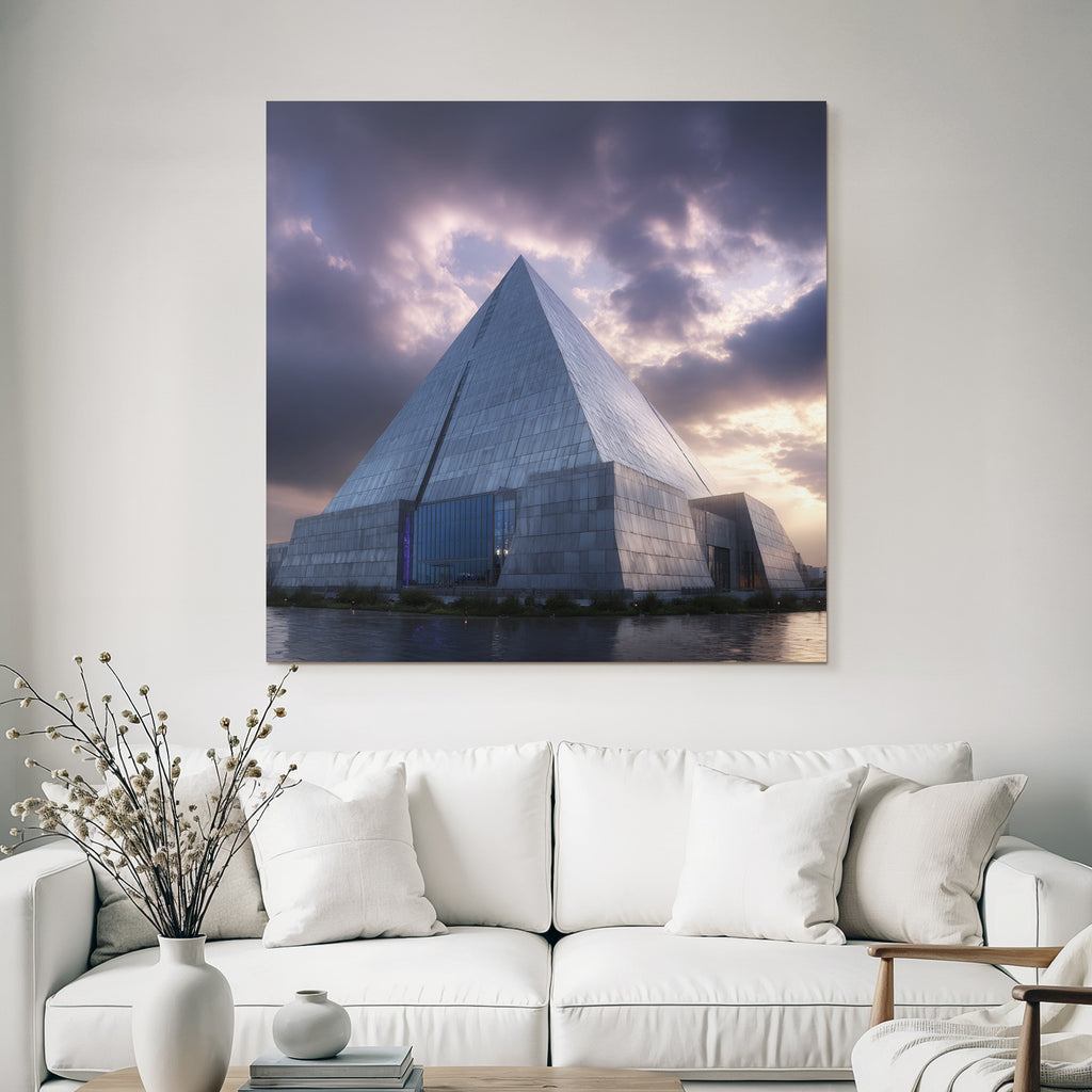 Moderne Grosses Modernes Pyramidengebäude Mit Glas Und Beton Vor Dramatischem Himmel
