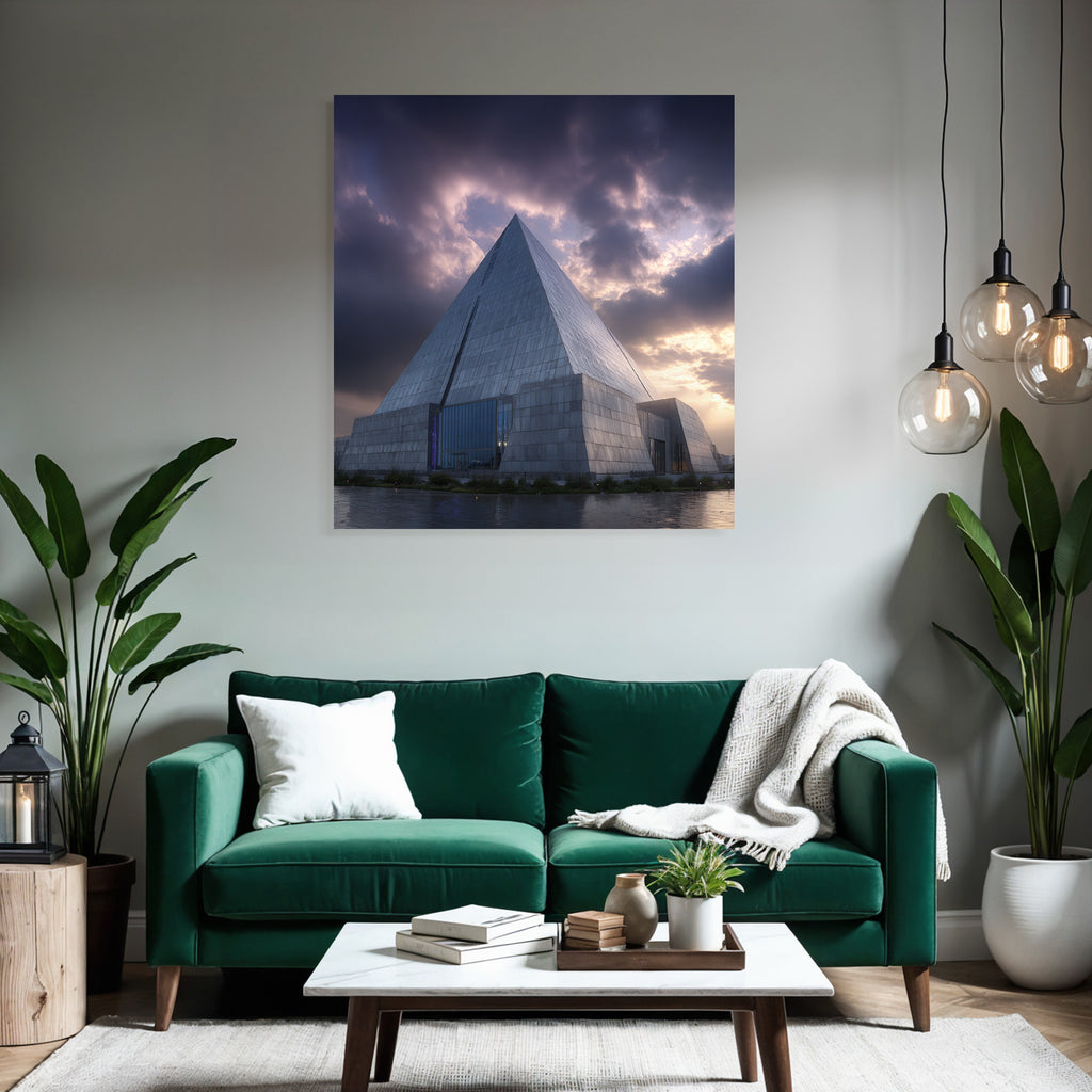 Moderne Grosses Modernes Pyramidengebäude Mit Glas Und Beton Vor Dramatischem Himmel