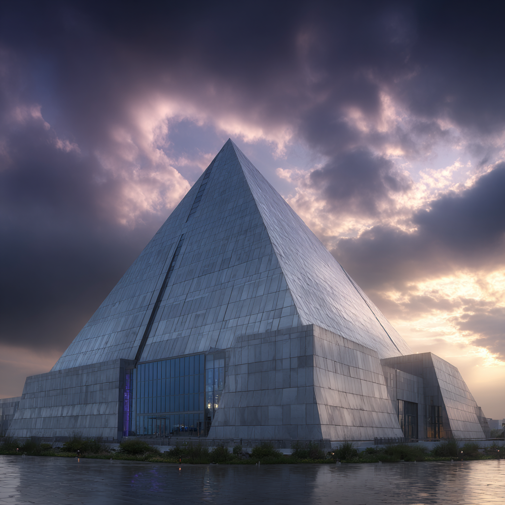 Moderne Grosses Modernes Pyramidengebäude Mit Glas Und Beton Vor Dramatischem Himmel | Moderne Architektur | Architektur