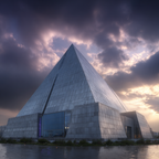 Moderne Grosses Modernes Pyramidengebäude Mit Glas Und Beton Vor Dramatischem Himmel | Moderne Architektur | Architektur