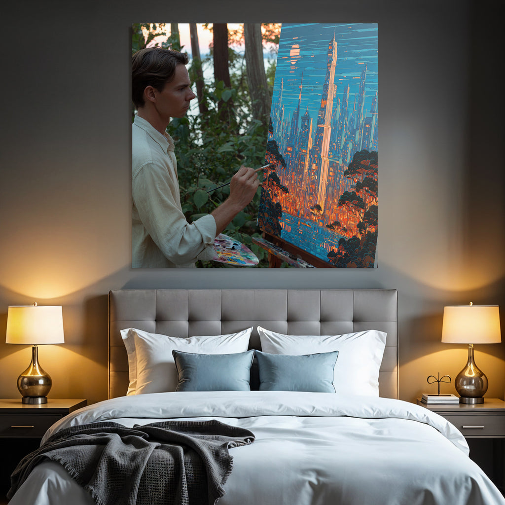 Moderne Künstler Malt Stadtlandschaft Bei Sonnenuntergang Mit Modernen Skyscrapern