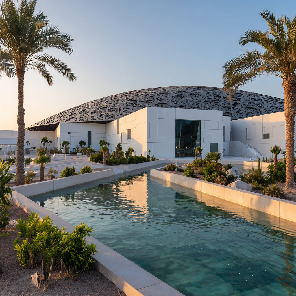 Moderne Louvre Abu Dhabi Modernes Design Dome Muster Wasserkanal Landschaft | Moderne Architektur | Architektur