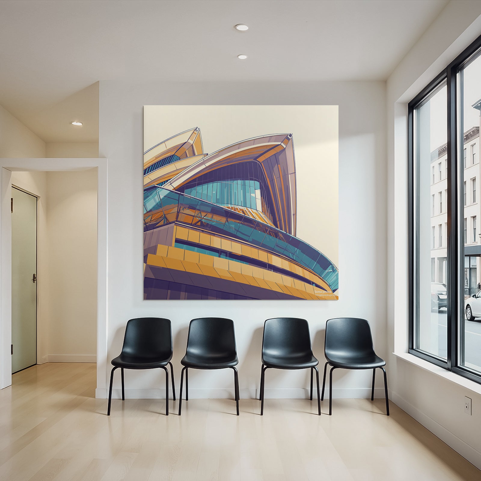 Moderne Moderne Abstraktes Design Gebäude Curved Shapes Glass Windows Farbige Elemente
