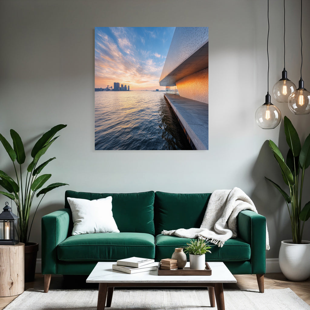 Moderne Moderne Am Wasser Bei Sonnenaufgang Im Stadtbild