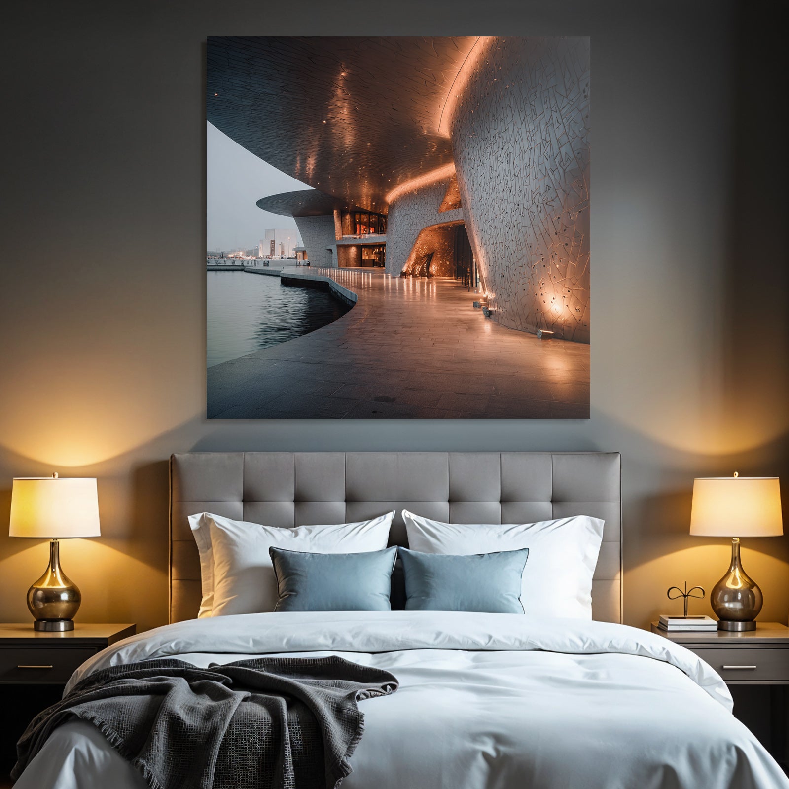 Moderne Moderne Fliessende Linien Beleuchtet Am Wasser