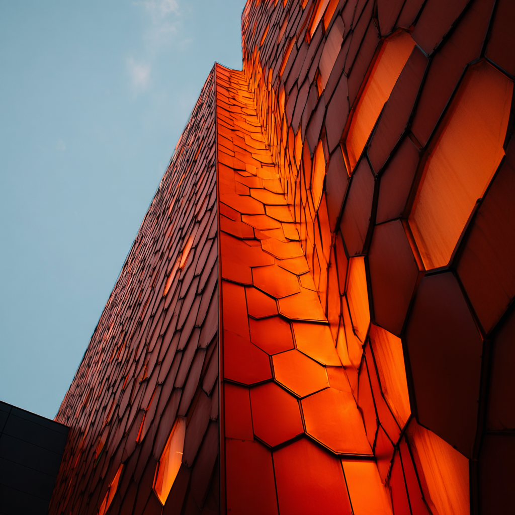 Moderne Moderne Gebäude Hexagonale Fassade Orange Reflektierend | Moderne Architektur | Architektur