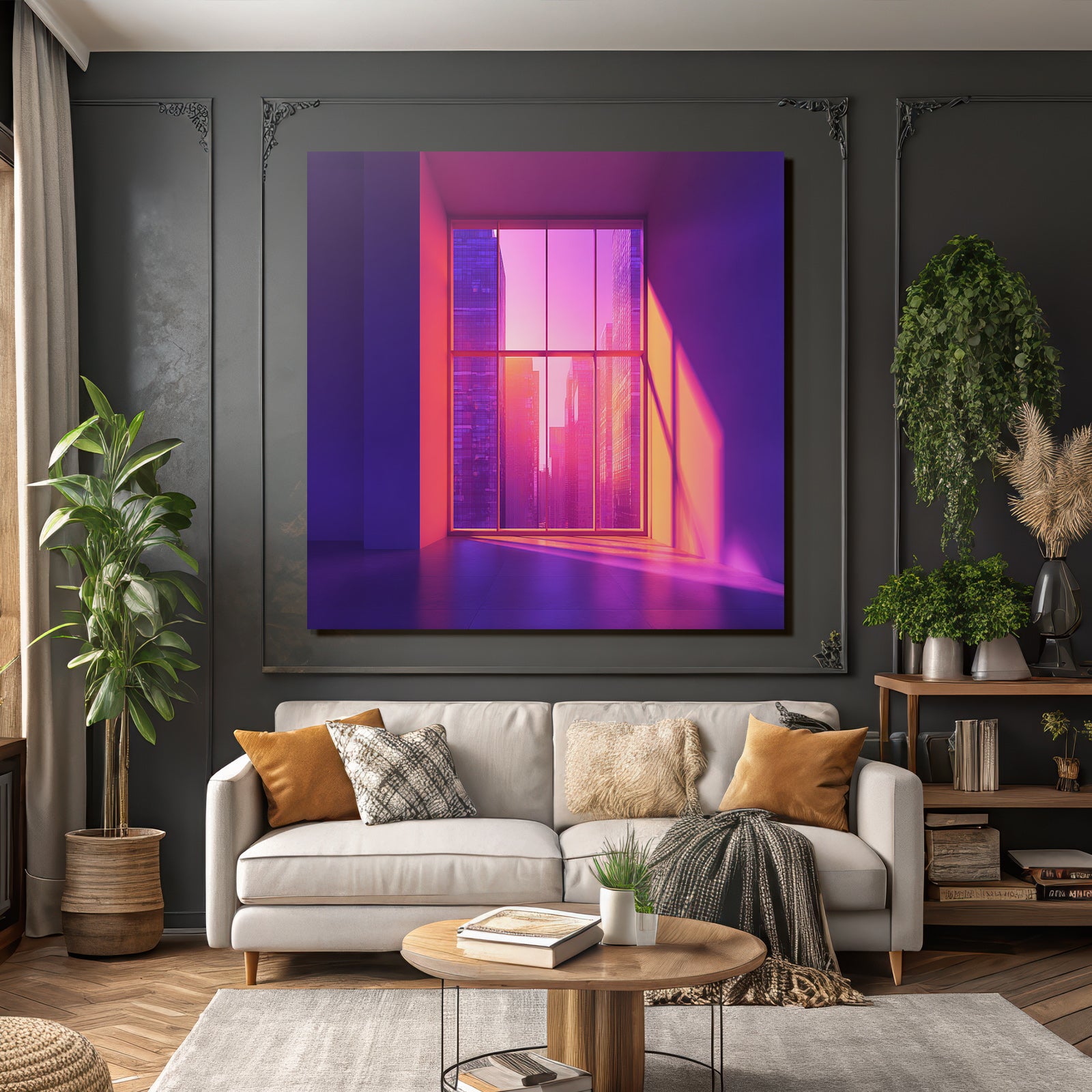 Moderne Moderne Innenräume Mit Stadtansicht Im Violett Und Rosa Bewertung