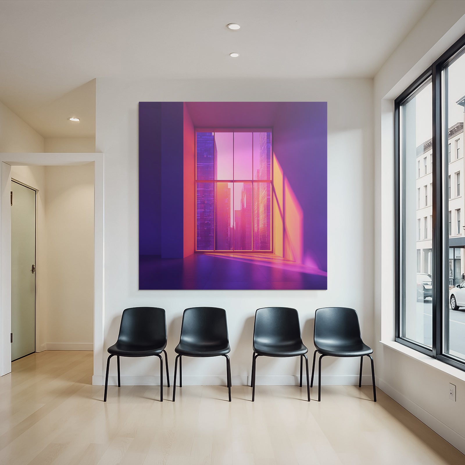 Moderne Moderne Innenräume Mit Stadtansicht Im Violett Und Rosa Bewertung