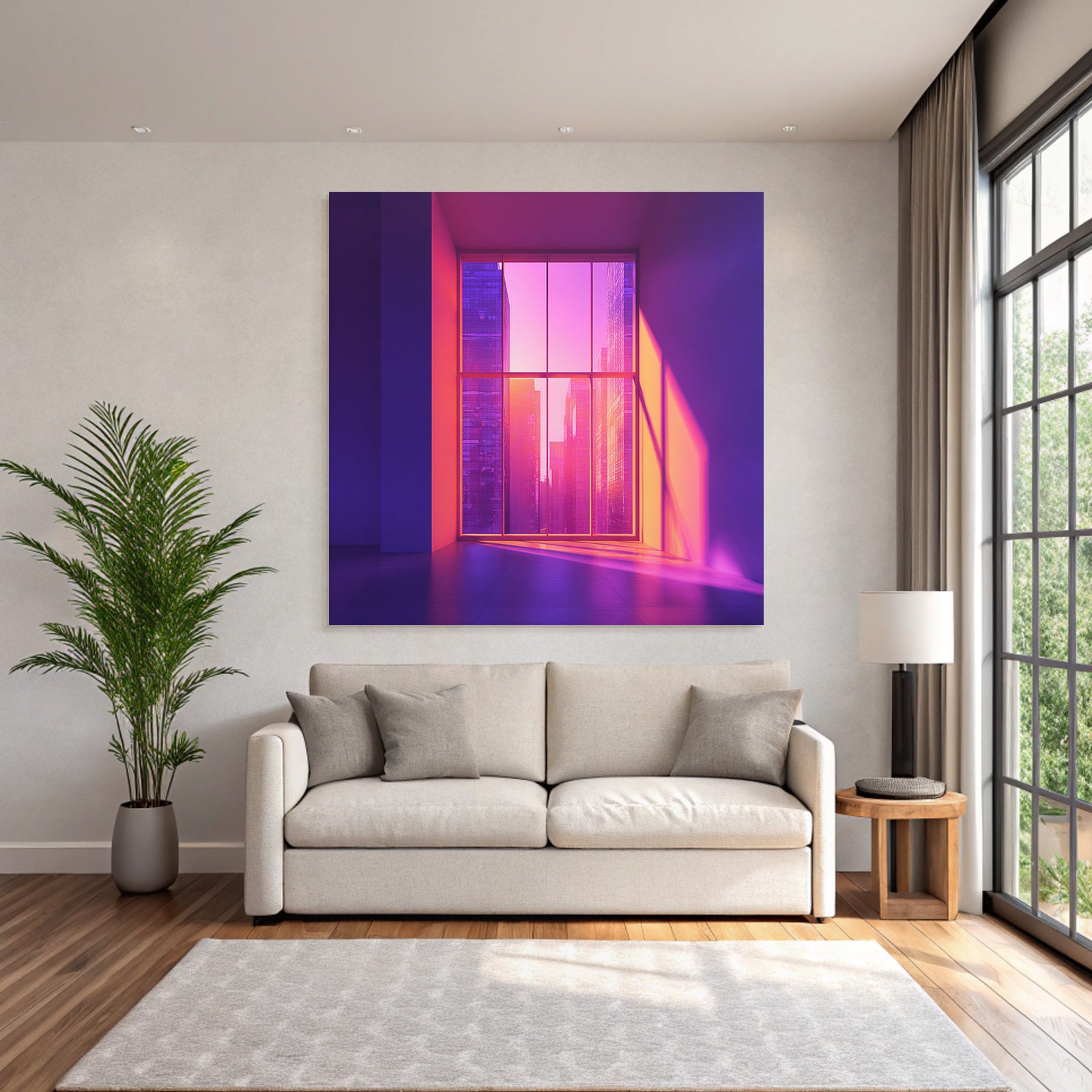 Moderne Moderne Innenräume Mit Stadtansicht Im Violett Und Rosa Bewertung