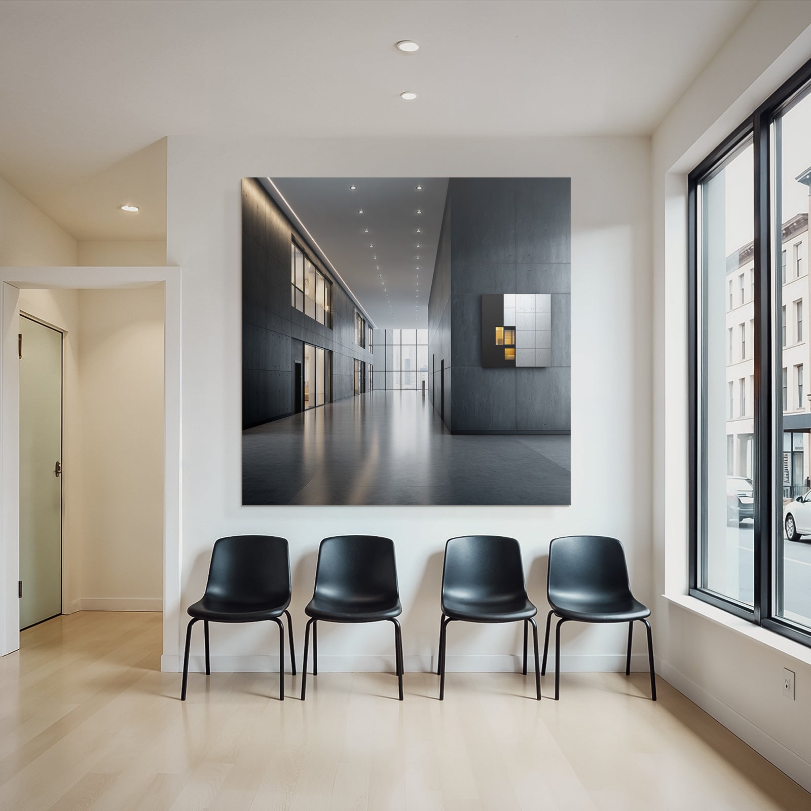 Moderne Moderne Minimalistische Inneneinrichtung Büro Galerie Concrete Wände Grosse Fenster
