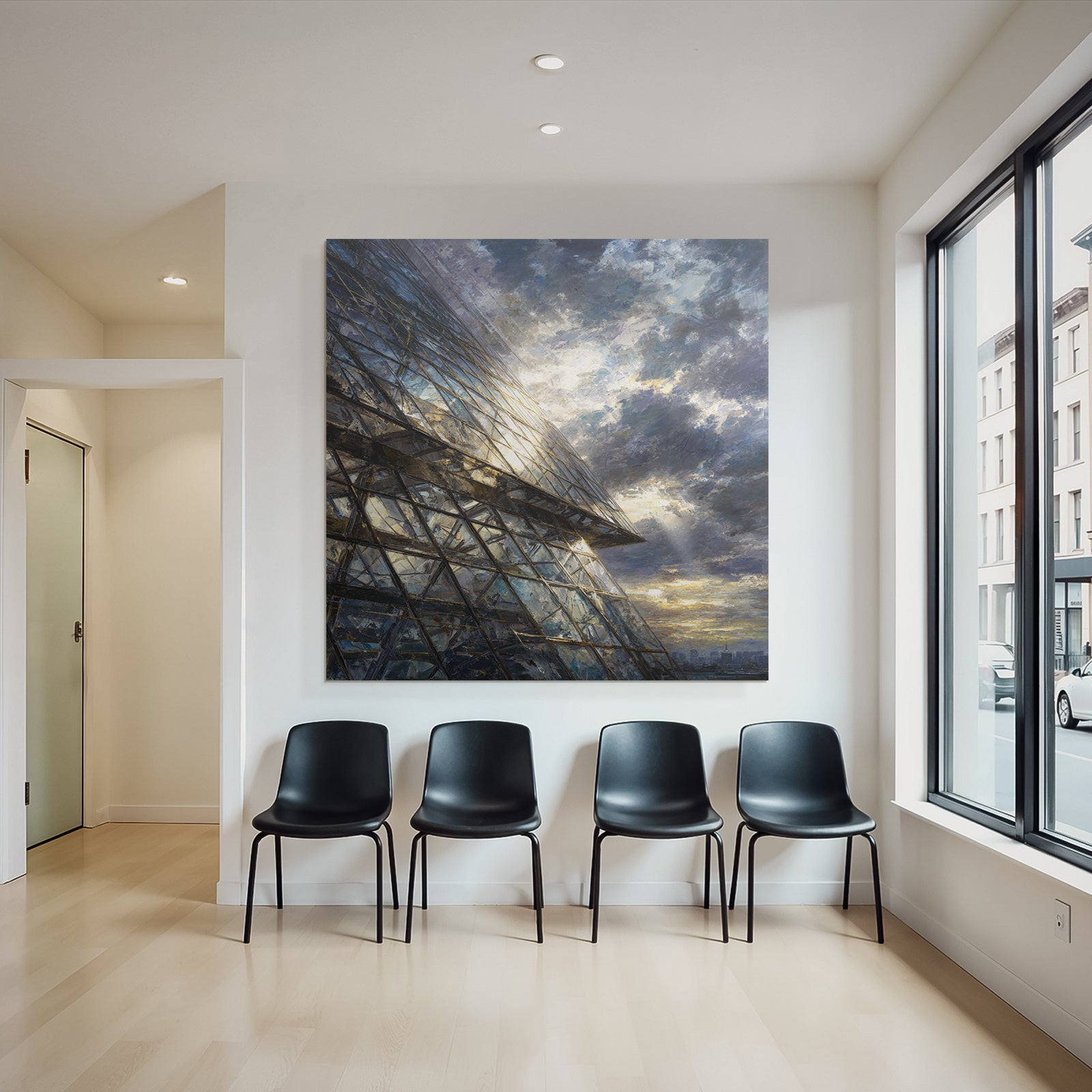 Moderne Moderne Mit Glass Fassade Im Hintergrund Dramatischer Himmel