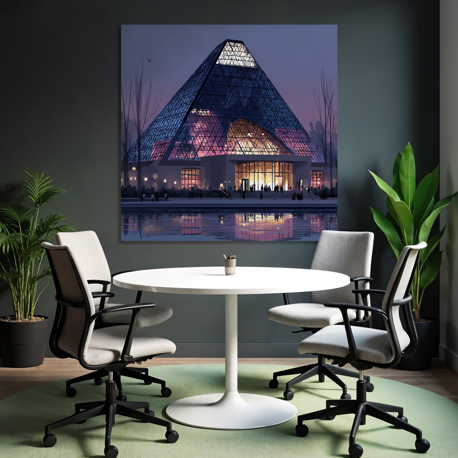 Moderne Moderne Pyramide Mit Glass Fassade Beleuchteter Eingang Abend Atmosphäre